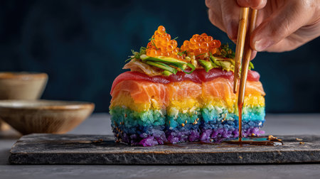 A stunning rainbow sushi creation showcasing layers of colorful rice and fresh seafood, highlighting culinary artistry and vibrant flavors perfect for any dining experience.の素材