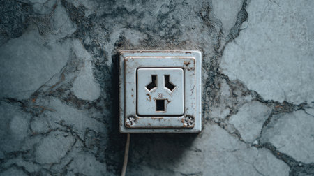 A close-up view of a vintage electrical outlet mounted on a weathered wall. The unique textures and details highlight urban decay and the passage of time.の素材