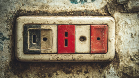A close-up view of a vintage power outlet featuring distressed colors and textures. The image captures the uniqueness of older electrical fittings in a home setting.の素材