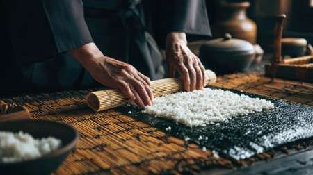 A skilled artisan is preparing sushi in a traditional Japanese kitchen, expertly rolling seasoned rice and seaweed on a bamboo mat, showcasing culinary craftsmanship.の素材