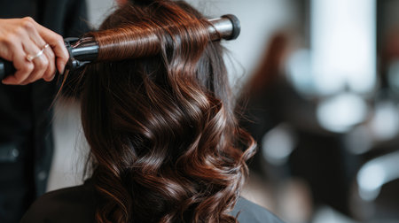 A stylist skillfully uses a curling iron to create beautiful long waves on a client's hair in a stylish salon setting, showcasing the art of hair design.の素材