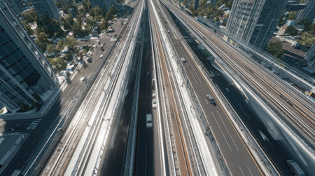 An impressive aerial view showcases bustling urban highways intertwined with towering skyscrapers, exemplifying modern city life and infrastructure.の素材