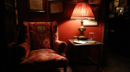 A cozy reading nook featuring a vintage upholstered chair, warm lamp, and small table creates an inviting atmosphere in a dimly lit room.の素材