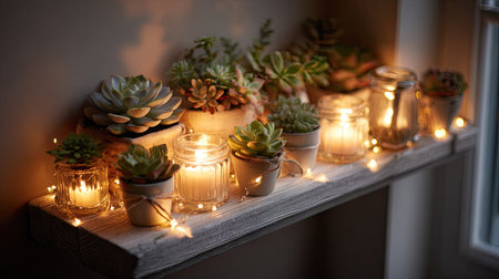 This enchanting image captures a cozy shelf adorned with various succulent plants and glowing candles, creating a warm and inviting atmosphere.の素材