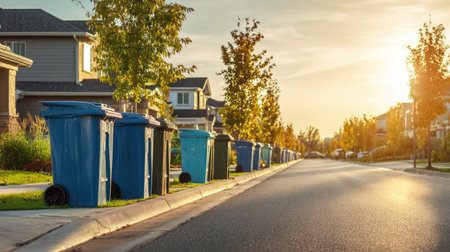 A serene residential street showcases colorful trash and recycling bins neatly aligned on the curb, bathed in the warm glow of a sunset.の素材