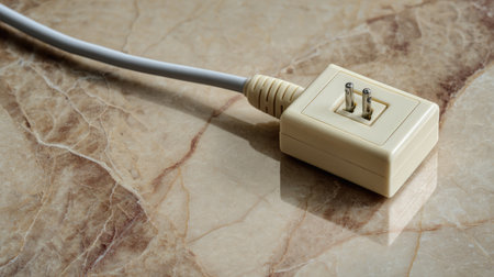 A close-up image of an electrical power outlet with a cord plugged in, set against a polished marble surface. Ideal for illustrating modern home interiors.の素材