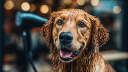 A happy golden retriever dog with wet fur sits in a grooming salon after a bath, showcasing a cheerful expression against a soft, blurred background.の素材