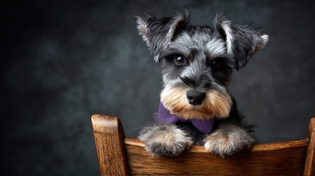 This adorable schnauzer puppy exudes charm and playfulness, wearing a stylish purple bow tie while perched on a wooden chair. The soft, dark background highlights its expressive features, making it a perfect choice for pet lovers or parenting themes.の素材
