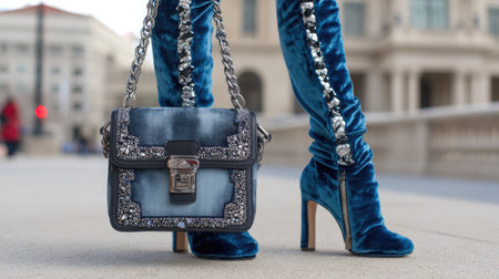 A fashionable woman showcases her striking blue velvet boots paired with an elegant handbag, perfectly blending style and sophistication in an urban scene.の素材