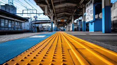 A captivating view of an urban train station platform showcasing a yellow tactile guide path along empty tracks, perfect for conveying a sense of travel and movement.の素材
