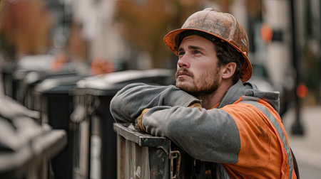A young construction worker in a hard hat reflects thoughtfully while resting his arms on a garbage bin in a bustling urban environment.の素材