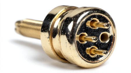 This image showcases a close-up of a shiny gold electrical connector featuring three prongs, perfect for illustrating technology and electrical concepts.の素材