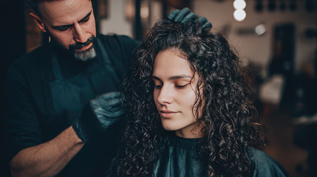 A skilled hairstylist carefully styles the curly hair of a client, showcasing creativity and professionalism in an inviting salon environment.の素材