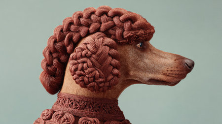 A stunning dog portrait showcasing a unique hairstyle featuring intricate braids and stylish textile elements, set against a soft background.の素材