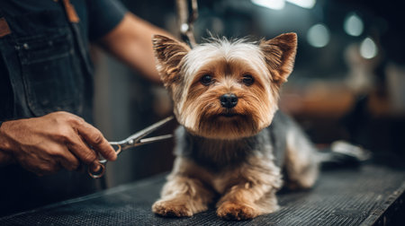 A adorable Yorkshire Terrier is being groomed with care by a skilled groomer in a cozy salon setting, showcasing the bond between pet and owner.の素材