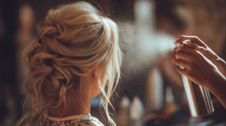 A close-up view of a woman getting her hair styled with a spray application in a beauty studio, showcasing elegance and a relaxing atmosphere.の素材
