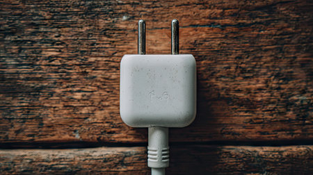 A close-up view of a white electric plug resting on a rustic wooden surface, showcasing the natural texture and color variations of the wood, emphasizing simplicity.の素材