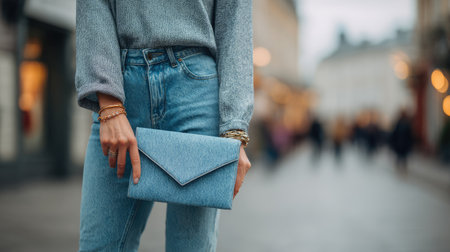 A fashionable woman stands confidently on an urban street, holding a stylish blue clutch bag. The soft light and blurred background create a vibrant shopping atmosphere.の素材