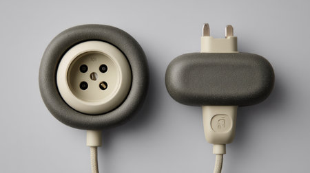This image features a modern electrical plug and socket, designed with a sleek gray and beige aesthetic. It emphasizes safety and innovation in home technology, perfect for contemporary settings.の素材