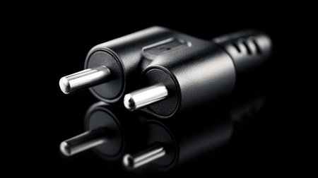 This close-up image captures a black two-prong power plug set against a dark, reflective background, highlighting its sleek design and functionality.の素材