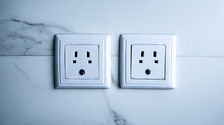 A pair of electrical power outlets installed on a sleek marble wall, emanating a contemporary aura. Ideal for illustrating modern home interiors and electrical concepts.の素材