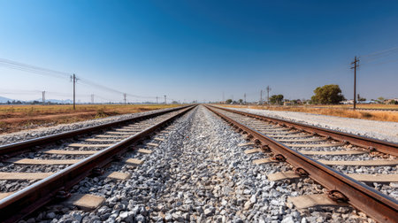 This image showcases a stunning perspective of train tracks running through an open landscape, leading toward a clear blue sky. The gravel bed and surrounding scenery evoke a sense of tranquility and adventure.の素材