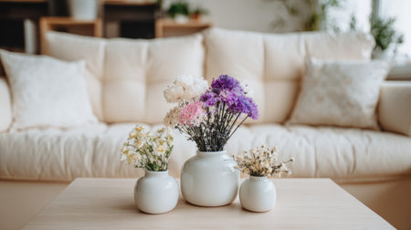 A beautiful floral arrangement featuring delicate flowers in elegant vases, set on a wooden table in a modern living room with soft, cozy furnishings.の素材