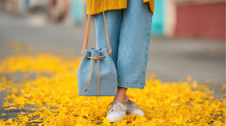 A stylish woman in a cozy yellow knit sweater and white sneakers carries a blue bag while strolling through a picturesque autumn park filled with vibrant yellow leaves.の素材