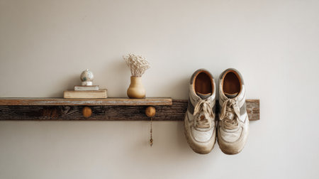 This image features a pair of casual sneakers placed on a wooden shelf, complemented by decorative items and dried flowers in a sleek interior setting.の素材