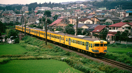 A vibrant yellow train elegantly glides through lush green fields near a charming residential area, set against scenic hills and bright skies.の素材