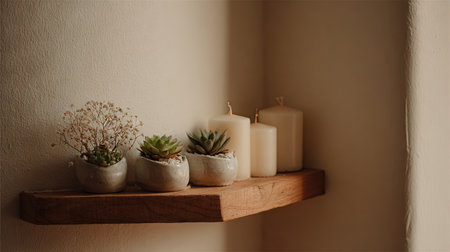 This image showcases a serene corner of a home featuring succulent plants and soft candles on a rustic wooden shelf, perfect for enhancing tranquility.の素材