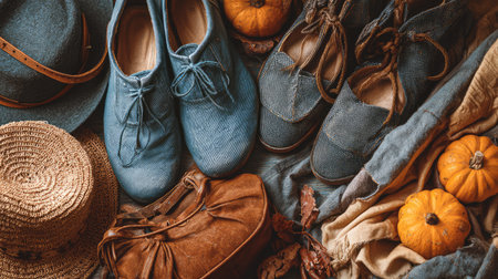 A stylish arrangement of vintage footwear, including blue and brown shoes, complemented by small pumpkins and soft textiles, evokes a cozy autumn atmosphere.の素材