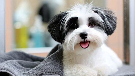 A cheerful fluffy dog with a black and white coat rests on a soft towel in a beautifully lit grooming salon. Its happy expression captures the essence of a beloved pet, making this image perfect for animal lovers and pet care themes.の素材