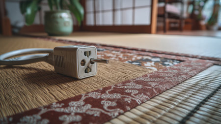 This image showcases an electrical plug resting on a traditional tatami mat in a Japanese style room, illuminated by natural lighting, highlighting a serene ambiance.の素材
