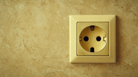 This image features a vintage electrical outlet mounted on a textured wall. It showcases a simple yet essential part of home decor, emphasizing practicality and vintage design.の素材