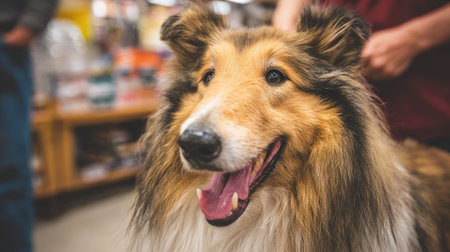 A joyful collie dog showcases its friendly personality in a vibrant pet store setting, captivating onlookers with its warm expression and soft fur.の素材