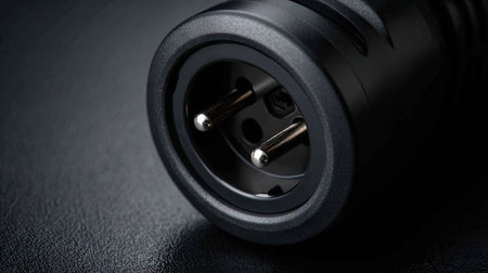This close-up image shows a black electrical plug with metallic pins against a dark background. Ideal for themes related to technology and electrical equipment.の素材