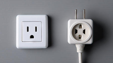 This image features a white electrical outlet and a matching plug on a smooth gray background, highlighting modern electrical design and functionality.の素材