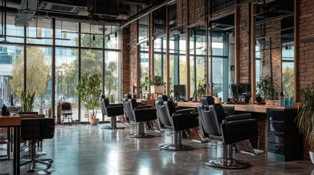 This modern barbershop features sleek black chairs and wooden counters, accented by large windows filled with natural light and vibrant greenery.の素材