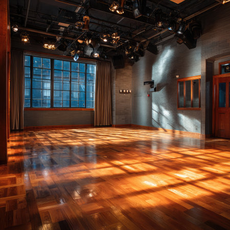 This bright and spacious empty dance studio features a beautiful wooden floor and large windows, perfect for dance practice, creative arts, or performances.の素材