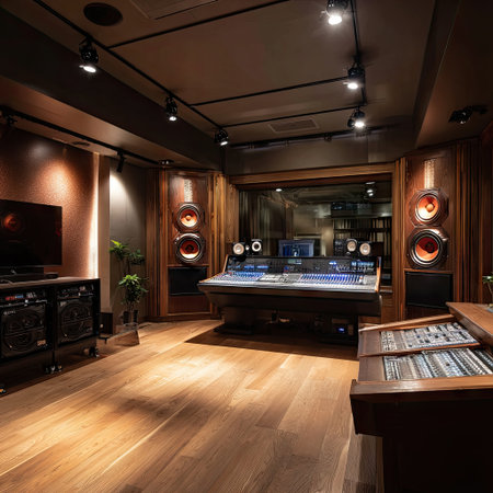 A contemporary music recording studio featuring advanced equipment and a warm ambiance, perfect for creative sessions and professional sound production.の素材