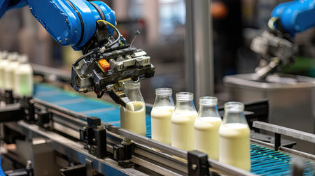 A robotic arm efficiently handles milk bottles on a production line in a modern factory setting, showcasing advanced automation and precision engineering.の素材