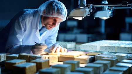A diligent scientist in a white coat inspects various food samples under bright laboratory lights. The setting highlights food safety and quality control.の素材