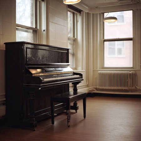 A vintage piano sits quietly in an abandoned room, illuminated by natural light from nearby windows, evoking a sense of nostalgia and tranquility.の素材