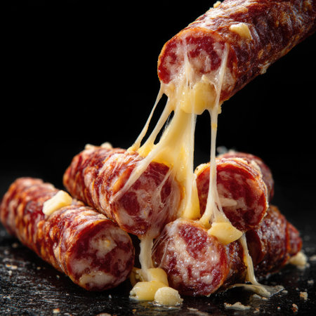 This vibrant image captures the delicious moment when melted cheese seeps from savory sausage slices, highlighting the gourmet appeal of this indulgent treat.の素材