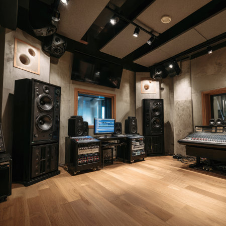 A modern recording studio featuring high-quality sound equipment, acoustic panels, and a professional mixing console, designed for optimal music production.の素材