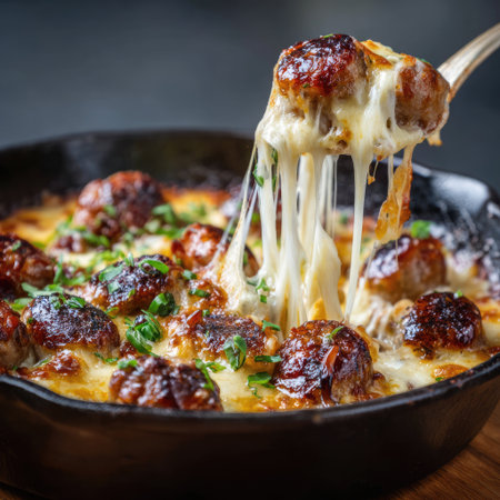 Indulge in a tantalizing dish featuring gooey melted cheese and flavorful meatballs, beautifully presented in a cast iron skillet with fresh herbs.の素材