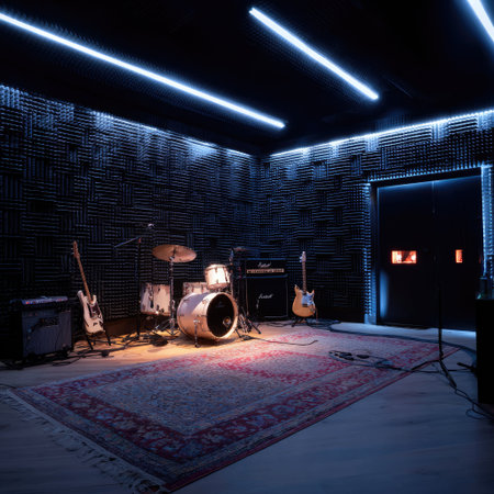 A contemporary music recording studio featuring acoustic panels, a drum set, electric guitars, and ambient lighting, creating an inspiring creative space.の素材