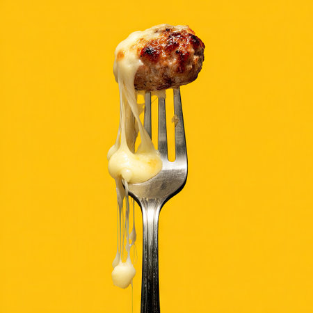 An enticing close-up of a meatball with gooey cheese melting off it, perfectly balanced on a fork, set against a striking yellow backdrop.の素材