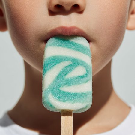 A cheerful child enjoys a vibrant colorful ice cream popsicle on a warm day. The delightful treat brings joy, showcasing playfulness and innocence.の素材